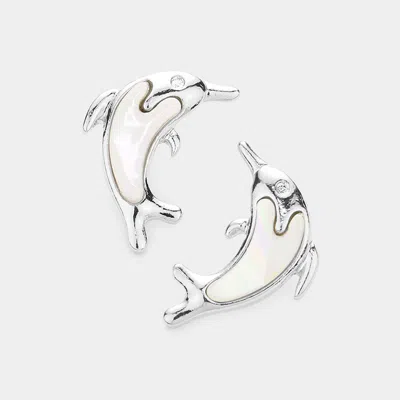 Fashnzfab Mother Of Pearl Dolphin Stud Earrings In Silver