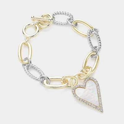 Fashnzfab Mother Of Pearl Heart Charm Pointed 14k Gold Plated Two Tone Metal Link Toggle Bracelet - Mother Of  In Silver