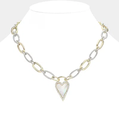 Fashnzfab Mother Of Pearl Heart Pendant 14k Gold Plated Two Tone Chain Link Toggle Necklace In Multi