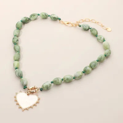 Fashnzfab Mother Of Pearl Heart Pendant Marbled Resin Oval Beaded Necklace In Green
