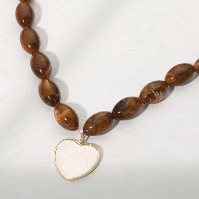 Fashnzfab Mother Of Pearl Heart Plate Pendant Chunky Beaded Statement Necklace In Brown