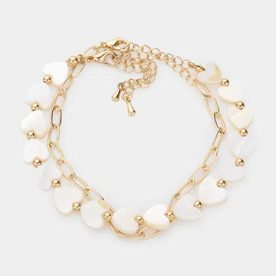 Fashnzfab Mother Of Pearl Heart Station Paperclip Metal Chain Layered Bracelet In Multi