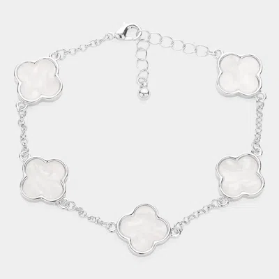 Fashnzfab Mother Of Pearl Quatrefoil Bezel Station Bracelet Rhodium, White In Multi