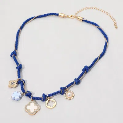 Fashnzfab Mother Of Pearl Quatrefoil Ceramic Flower Charm Station Braid Chain Wrap Necklace - Gold, Navy In Multi