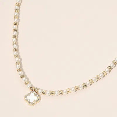 Fashnzfab Mother Of Pearl Quatrefoil Charm Pendant Accent Beaded Choker Necklace In Multi