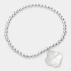 Fashnzfab Mother Of Pearl Quatrefoil Charm Pointed Stainless Steel Ball Beaded Stretch Bracelet Mother Of Pear In Multi