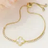 Fashnzfab Mother Of Pearl Quatrefoil Pointed Brass Metal Round Cz Stone Adjustable Pull Tie Bracelet Gold, Mot In Multi