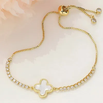 Fashnzfab Mother Of Pearl Quatrefoil Pointed Brass Metal Round Cz Stone Adjustable Pull Tie Bracelet Gold, Mot In Multi