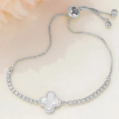 Fashnzfab Mother Of Pearl Quatrefoil Pointed Brass Metal Round Cz Stone Adjustable Pull Tie Bracelet Mother Of In Metallic