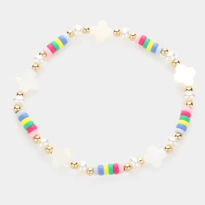 Fashnzfab Mother Of Pearl Quatrefoil Pointed Heishi Beaded Stretch Bracelet Multi