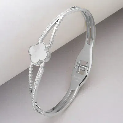 Fashnzfab Mother Of Pearl Quatrefoil Pointed Stone Paved Stainless Steel Hinged Bangle Bracelet Silver