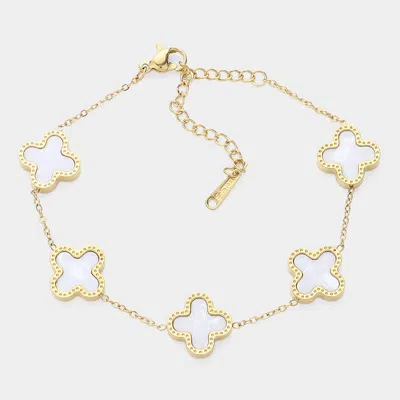 Fashnzfab Mother Of Pearl Stainless Steel Quatrefoil Station Bracelet In Multi