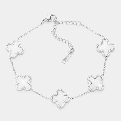 Fashnzfab Mother Of Pearl Stainless Steel Quatrefoil Station Bracelet In White