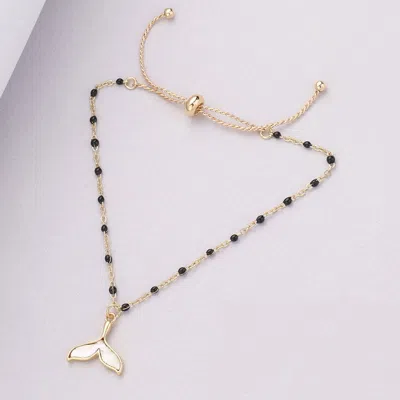 Fashnzfab Mother Of Pearl Whale Tail Charm Beads Station Adjustable Pull Tie Bracelet Black