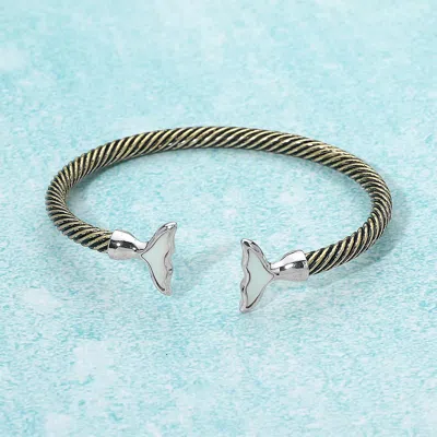 Fashnzfab Mother Of Pearl Whale Tale Tip Twisted Cable Cuff Bracelet In White