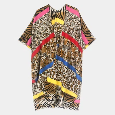 Fashnzfab Multi Animal Printed Cover Up Kimono Poncho In Gray