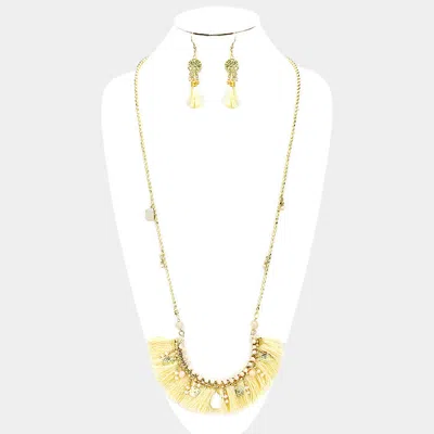 Fashnzfab Multi Bead Detail Thread Fringe Long Necklace In Gold