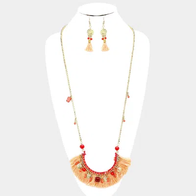 Fashnzfab Multi Bead Detail Thread Fringe Long Necklace In Red