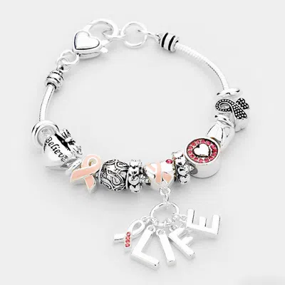 Fashnzfab Multi Bead Life Pink Ribbon Charm Bracelet