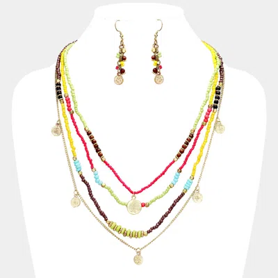 Fashnzfab Multi Bead Round Metal Layered Necklace In Pink