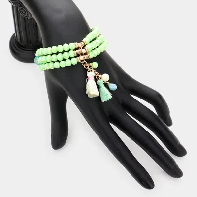 Fashnzfab Multi Beaded Double Tassel Stretch Bracelet Green