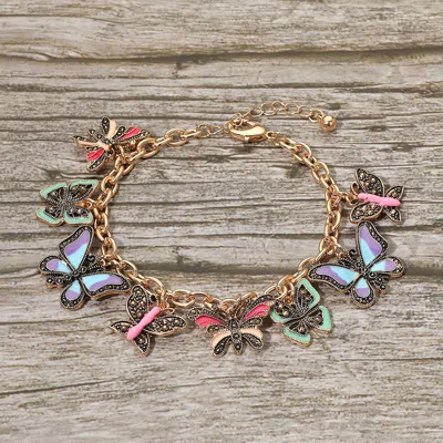 Fashnzfab Multi Butterfly Charm Station Bracelet In Gold