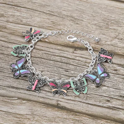 Fashnzfab Multi Butterfly Charm Station Bracelet In Silver