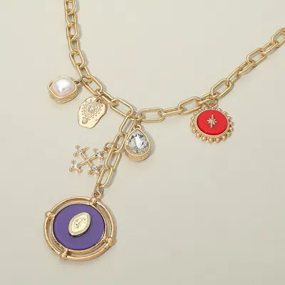Fashnzfab Multi Charm Drop Station Paperclip Chain Statement Necklace In Blue