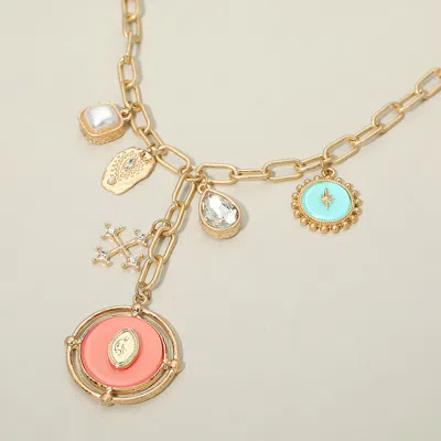 Fashnzfab Multi Charm Drop Station Paperclip Chain Statement Necklace In Pink