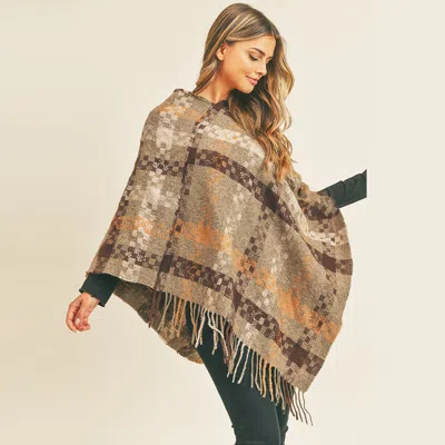 Fashnzfab Multi Color Pixel Check Poncho In Brown