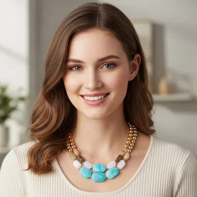 Fashnzfab Multi Color Resin Pebble Beaded Layered Statement Necklace - Gold, Turquoise