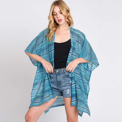 Fashnzfab Multi Color Stripe Crochet Open Front Cover-up Kimono Poncho In Blue