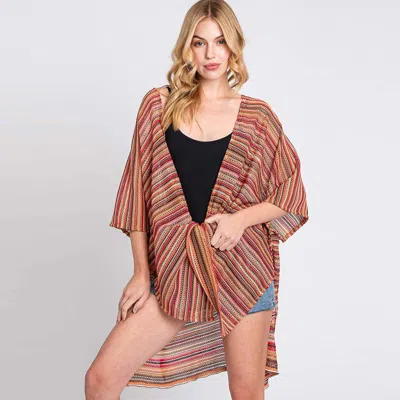 Fashnzfab Multi Color Stripe Crochet Open Front Cover-up Kimono Poncho In Brown