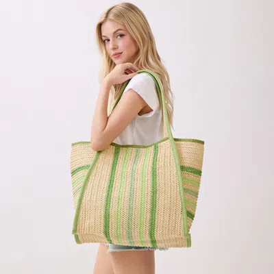 Fashnzfab Multi Color Stripes Natural Straw Tote Bag In Green