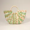 Fashnzfab Multi Color Weave Round Handle Handwoven Natural Straw Handbag In Green