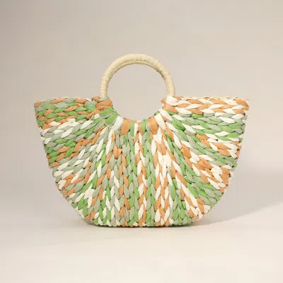 Fashnzfab Multi Color Weave Round Handle Handwoven Natural Straw Handbag In Green