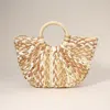 Fashnzfab Multi Color Weave Round Handle Straw Handbag In Sand