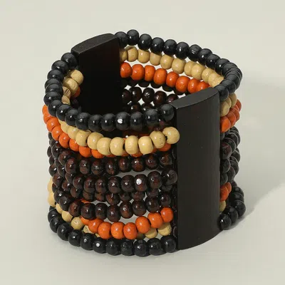 Fashnzfab Multi Color Wood Beaded Wide Stretch Statement Bracelet In Black