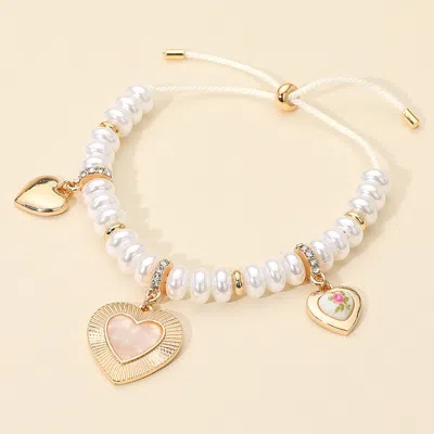 Fashnzfab Multi Heart Charm Station Pearl Beaded Adjustable Bracelet Cream, Gold