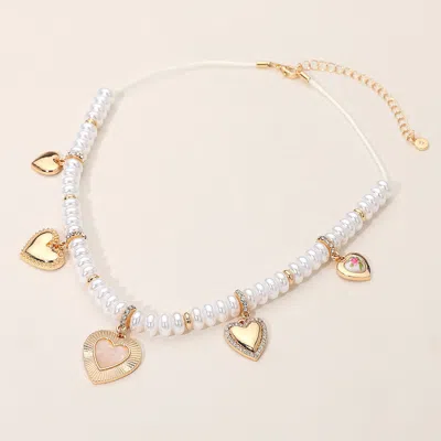 Fashnzfab Multi Heart Charm Station Pearl Beaded Necklace - Cream, Gold