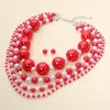 Fashnzfab Multi Layered Chunky Pearl Beaded Strand Statement Necklace In Red