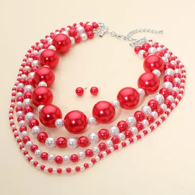 Fashnzfab Multi Layered Chunky Pearl Beaded Strand Statement Necklace In Red