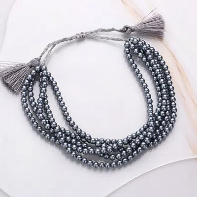 Fashnzfab Multi Layered Pearl Beaded Cinch Pull Tie Bracelet Gray In Black