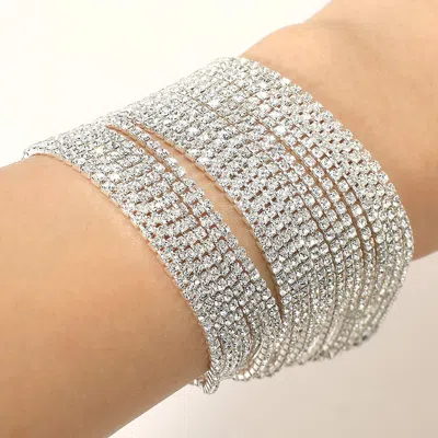 Fashnzfab Multi Layered Rhinestone Evening Bracelet Rhodium