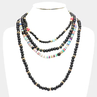 Fashnzfab Multi Layered Wood Heishi Beaded Bib Necklace In Black