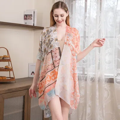 Fashnzfab Multi Patterned Tassel Cover Up Kimono Poncho In Orange