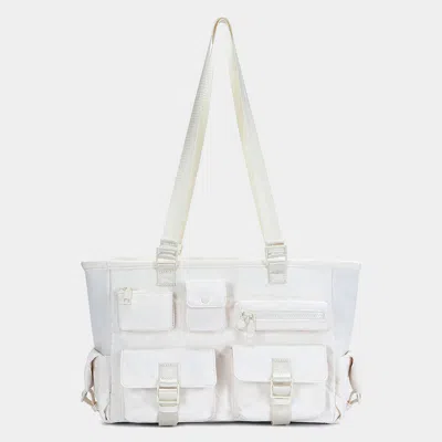 Fashnzfab Multi Pocket Utility Shoulder Tote Bag In White