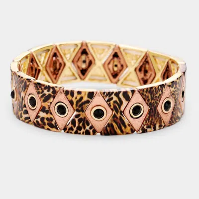 Fashnzfab Multi Rhombus Pattern Rhinestone Metal Stretch Bracelet Brown, Copper Burnished