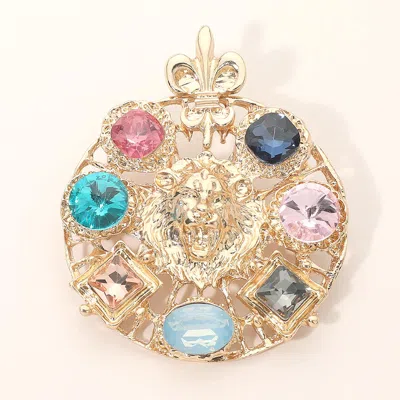 Fashnzfab Multi Shape Stone Around Lion Head Statement Pin Brooch In Gold