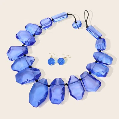 Fashnzfab Multi Shaped Acrylic Rock Beaded Statement Necklace In Blue